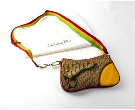 CHRISTIAN DIOR; a 'Rasta Line' canvas and multicoloured calfskin leather cross-body saddle bag, with white metal Christian Di