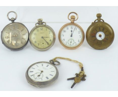 Five pocket watches to include two silver cased examples, a gold plated example and two silver plated examples, including one