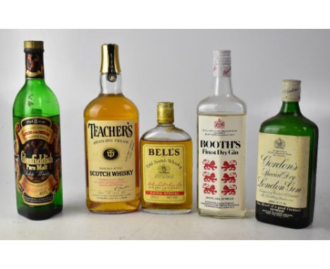 A bottle of Glenfiddich pure malt aged 8 years, 75cl, a Teachers Highland Cream Scotch Whisky, 1l, a Bell's Scotch Whisky, 35