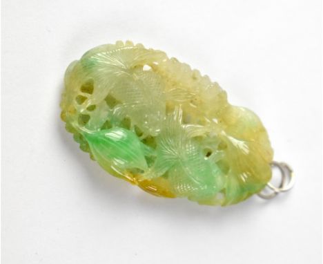 A long oval multicoloured jade pendant carved with fish, seaweed and sea flowers, length 4.2cm. 
