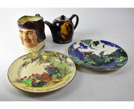 ROYAL DOULTON; a Kingsware treacle glazed teapot, 'The Cup that Cheers.', with portrait of an elderly lady drinking tea, with