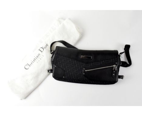 CHRISTIAN DIOR; a 'Diorissimo' black canvas and black calfskin leather trim envelope bag, with white metal Dior logo hardware