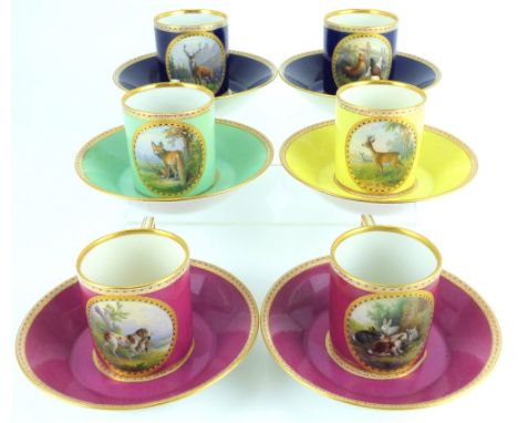 MEISSEN; a group of six 19th century porcelain coffee cans and saucers, each can painted with a separate cartouche depicting 
