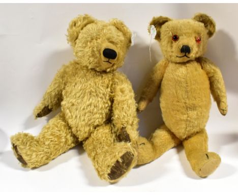 A Chad Valley jointed teddy bear with blonde mohair, stitched nose and mouth, cloth paws and label to foot (lacking eyes), le