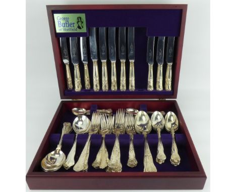 GEORGE BUTLER OF SHEFFIELD; a seventy-two piece silver plated canteen of cutlery in a wooden cutlery box (part complete). CON