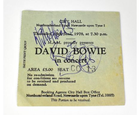 DAVID BOWIE; a ticket stub for City Hall Newcastle 1978, bearing the star's signature.We have not authenticated this signatur