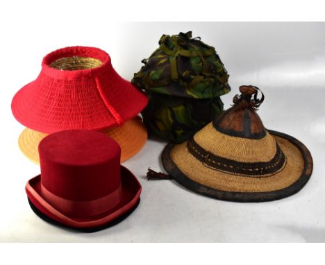 Various hats to include three Oriental-style straw and straw-style hats, a red 'Willy Wonka' style top hat made by Christys L