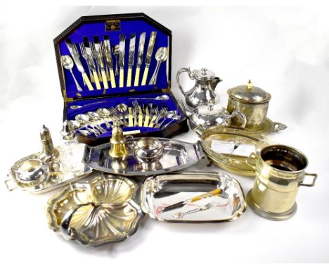A quantity of plated ware to include a Walker &amp; Hall three-piece tea service, an oval tray, sifter, various serving dishe
