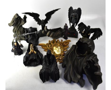 A quantity of items fashioned after Lord of the Rings Nazgûl, The Grim Reaper, etc, also a gilded wall plaque of Medusa.