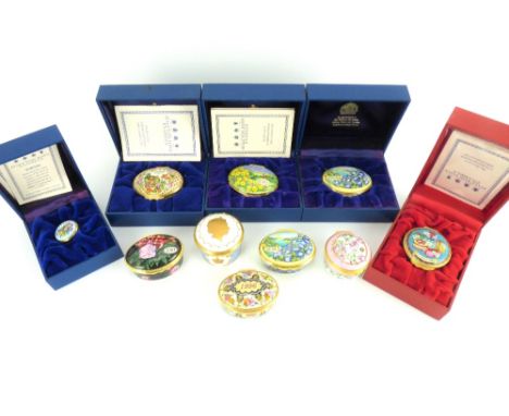 HALCYON DAYS ENAMELS; ten various decorated trinket boxes of different shapes, patterns and designs, to include seven boxed e