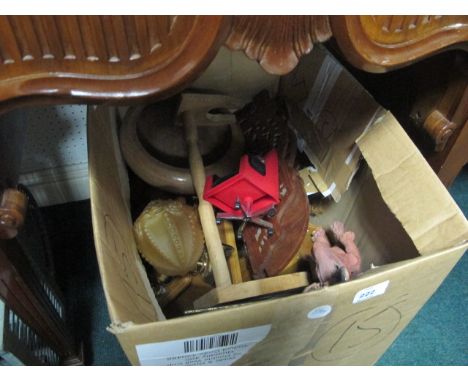 A BOXED LOT to include two wall mounted telephones, lamp shade, figures, bird cage etc