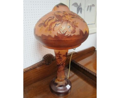 A CONTINENTAL PINK AND RUBY ETCHED GLASS LAMP moulded in relief with flowerheads and foliage with mushroom shade and baluster