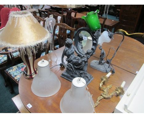 A MISCELLANEOUS COLLECTION to include table lamps, shades, a two branch wall light etc
