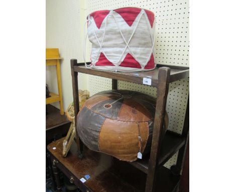 A MISCELLANEOUS COLLECTION to include an oak two tier serving trolley, an upholstered pouffe, gilt frame mirror and table lam