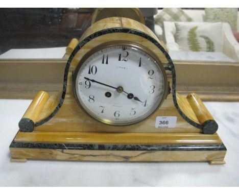 A SIENNA AND GREEN MARBLE MANTEL CLOCK the rectangular arched case with enamel dial raised on a rectangular base with block f