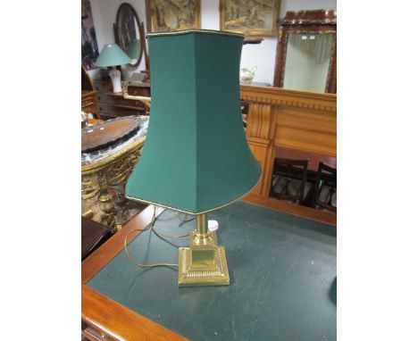 A BRASS CORINTHIAN COLUMN TABLE LAMP raised on a square stepped base with shade 72cm high