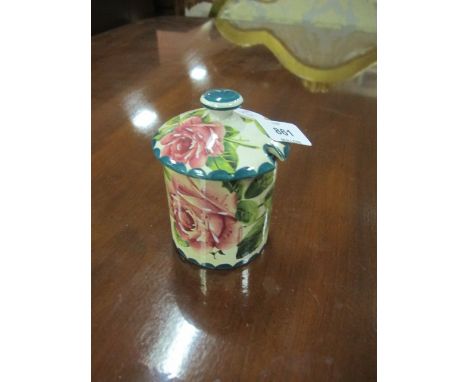 A WEMYSS WARE LIDDED JAR the off white ground with pink roses and foliage