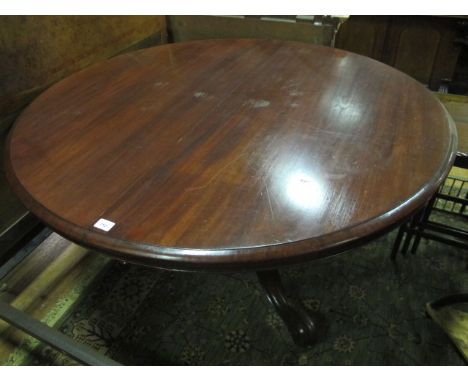 A VICTORIAN MAHOGANY POD TABLE the oval moulded top above a baluster column on tripod support with scroll toes and brass cast