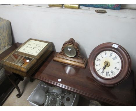 A VICTORIAN BEECHWOOD CASE WAG OF THE WALL CLOCK together with a c.1960 wall clock and barometer