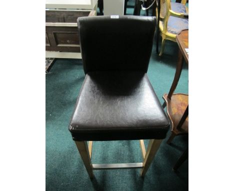 A BEECHWOOD HIGH STOOL with upholstered back and seat on moulded legs together with a mahogany floor standard lamp and four o