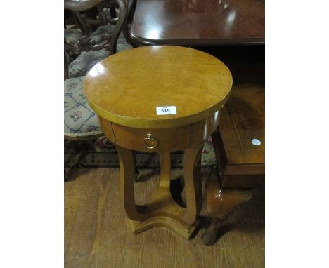 A PAIR OF ART DECO STYLE BURR WALNUT LAMP TABLES each of circular form with frieze drawer on shaped supports and concave plat