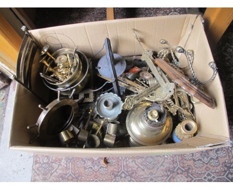 A BOXED LOT OF BRASS WARE to include lamp, bowl, candlesticks, miniature ships wheel, coat hooks etc