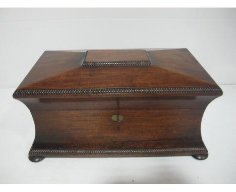 A GOOD REGENCY MAHOGANY TEA CADDY of sarcophagus outline the rectangular hinged lid with gadrooned rim and concave frieze on 