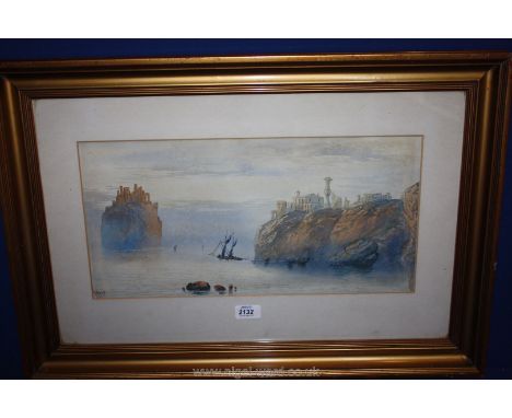 An early 20th c. Watercolour of a continental seascape with sailing boats with buildings on a high rocky shore and ruins on a