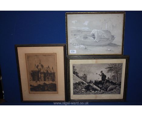A Print of a castle, signed lower left Leo Boclaarr, a continental Print of a lady collecting articles initialed lower right 