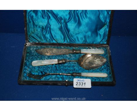 A mother of pearl and silver plated Pickle Fork, jam Spoon and butter Knife.