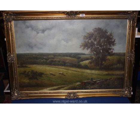 A large of oil/acrylic Landscape with sheperd seated on tree trunk watching flock, slightly a/f