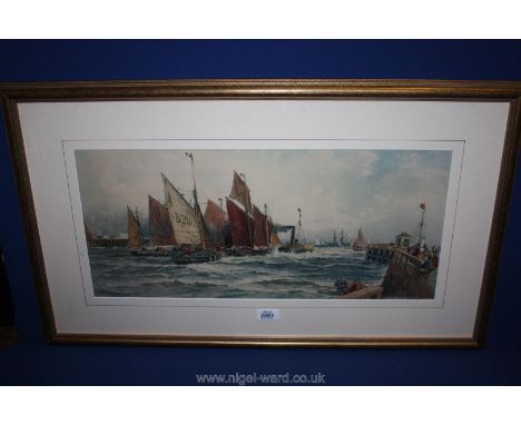A framed and mounted Print of a tugboat pulling boats out to sea with crowds watching from a quay, after T.B. Hardy, 23'' x 1