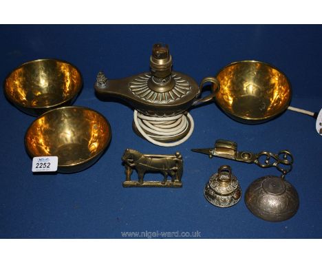 A Brass oil Lamp converted to electric brass bowls, candle snuffers, etc.