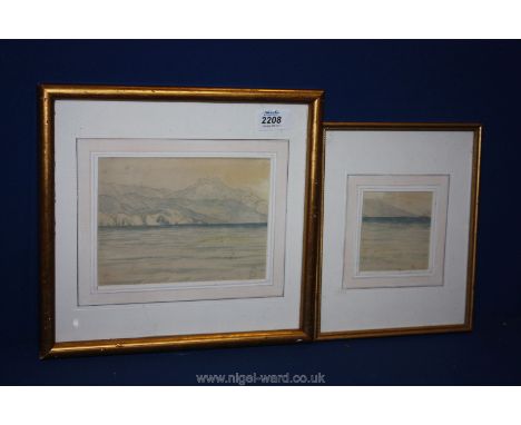 Two Seascape Watercolours, one with a ship crossing the horizon, the other seat and mountains, both monogrammed E.R.