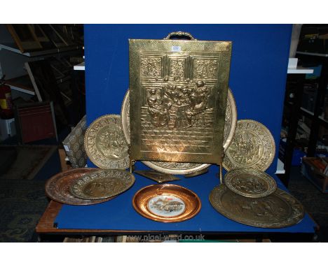 A quantity of brass Plaques and a brass Fireguard.