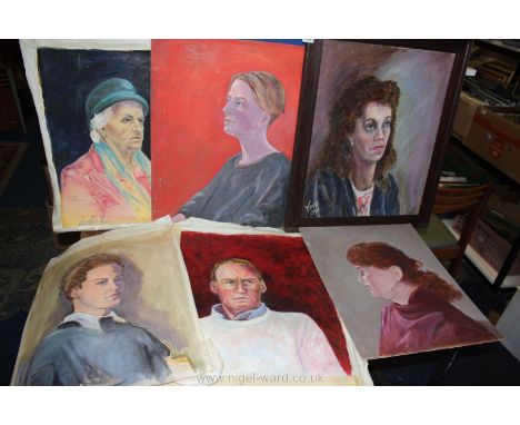 A quantity of unframed Oil on canvas, still life and three portraits along with a framed Portrait of a woman signed Vera 1996