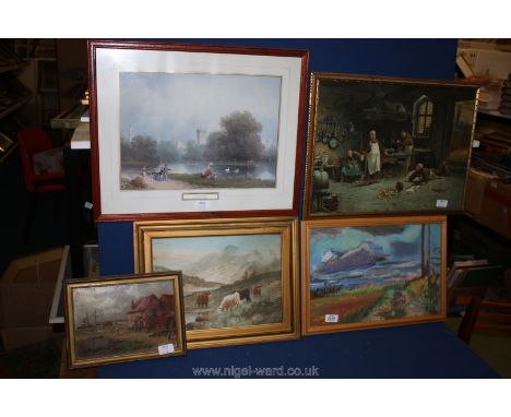 A quantity of Pictures including Print of 'St James Park' by Bessoli, Cattle Drinking by C.W. Oswald, Pastel of a Landscape a