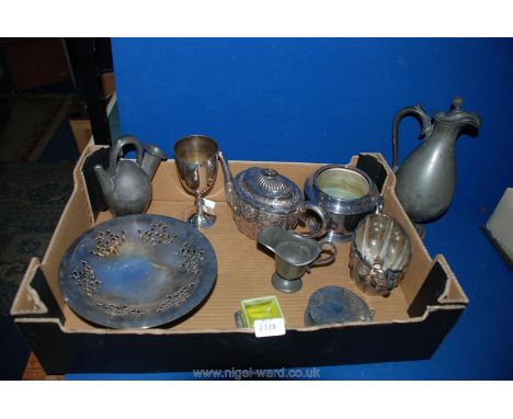 Miscellaneous plated items including teapot, sucrier, cake stand, etc and a Pewter lidded ewer and small jug, etc