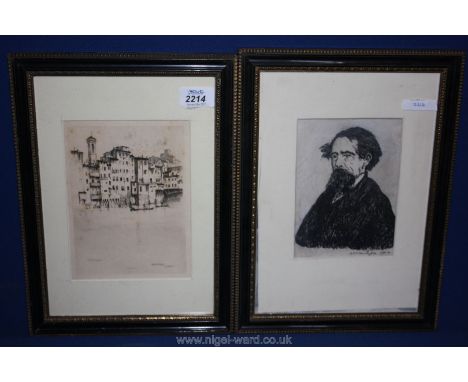 An Ink portrait of A.F.G. Warrington and Print by Fred V. Burridge entitled ''On the Arno, Florence''.