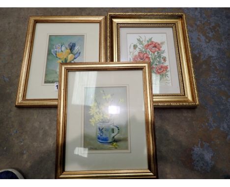 Three gilt framed floral watercolours, Anne Cotterili and BS Wilkinson. Not available for in-house P&amp;P 
