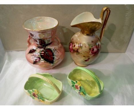 Maling twin handled vase, two Carltonware baskets and a hand painted jug. P&amp;P Group 3 (£25+VAT for the first lot and £5+V