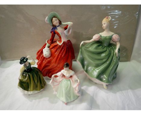 Four Royal Doulton figurines including Autumn Breezes HN1934, no cracks or chips, largest H: 19 cm. P&amp;P Group 3 (£25+VAT 