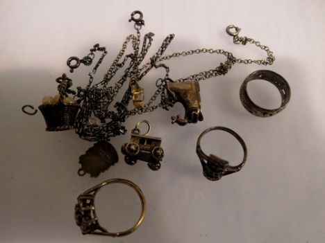 Mixed silver jewellery including stone-set rings, loose charms etc. P&amp;P Group 1 (£14+VAT for the first lot and £1+VAT for