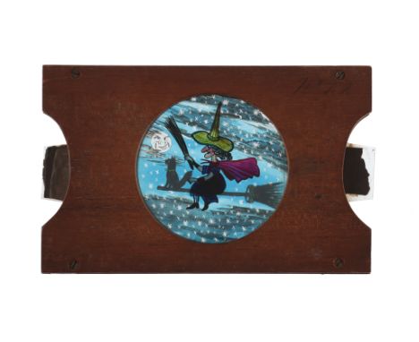 Magic Lantern Slide of a Flying Witch and Cat, A Magic Lantern Slide of a flying Witch with a cat, slide with 2 moving slips 