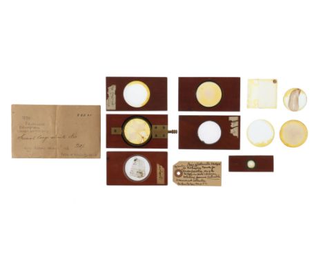 Professor Drumonds Polarising Projection Slides, English, c.1890, unsigned, consisting of a geared slide holder in polished m
