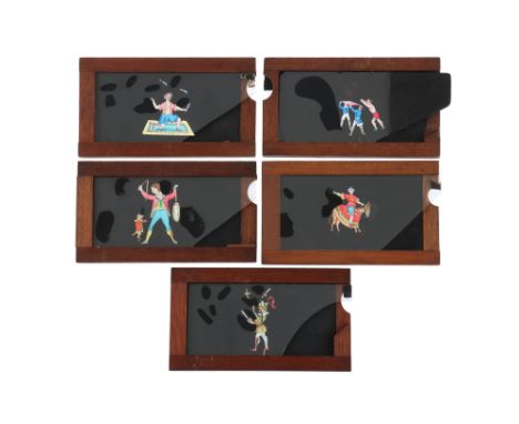 Magic Lantern Slipping Slides, 5 hand-painted magic lantern slipping slides of circus interest. measuring 7” x 4”. to include