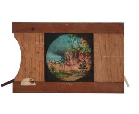 Magic Lantern Slide of Native People Dancing Around a Burning Person, Mahogany Slide, with hand painted scene of a fire on a 