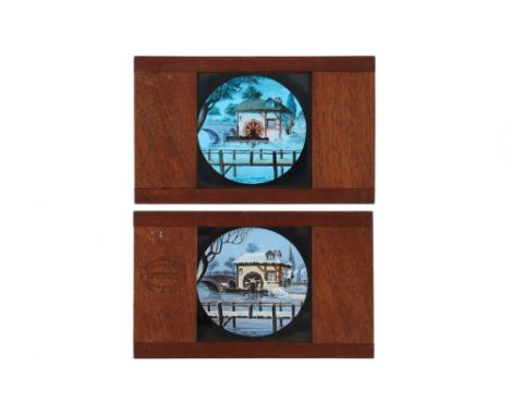 Watermill Disolving Magic Lantern Set, ‘watermill’ pair of hand painted dissolving view magic lantern slides. measuring 6 1/2