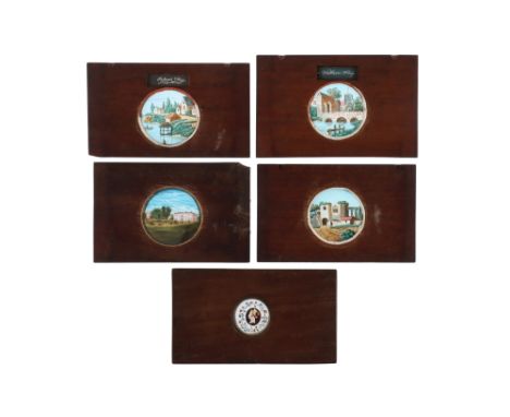 A Very Early Set of Magic Lantern Slide, An Unusual set of Mahogany slides with smaller than usual hand painted circular wind