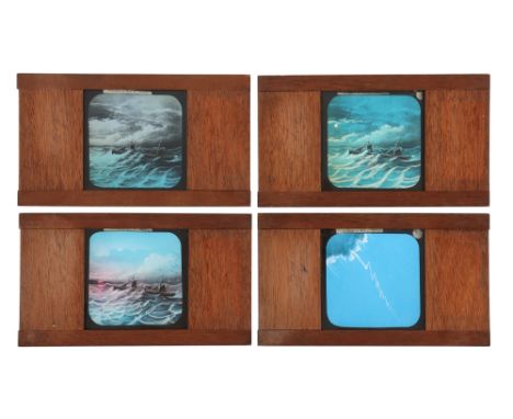 Dissolving Magic Lantern Slides of a Steamer, set of 4 hand coloured magic lantern dissolving view slides. steamer in the bay